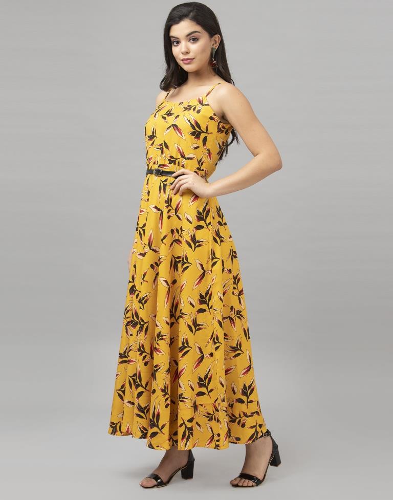 Bedazzling Mustard Yellow Coloured Digital Printed Crepe Dress | Leemboodi