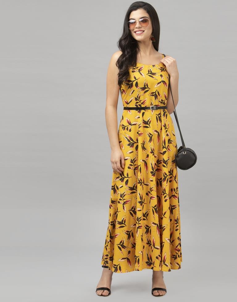 Bedazzling Mustard Yellow Coloured Digital Printed Crepe Dress | Leemboodi