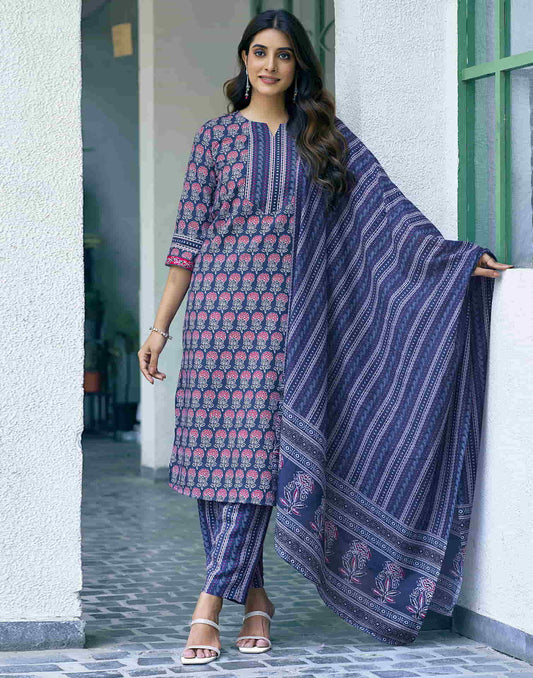 Dark Blue Printed Rayon Straight Kurta With Pant And Dupatta