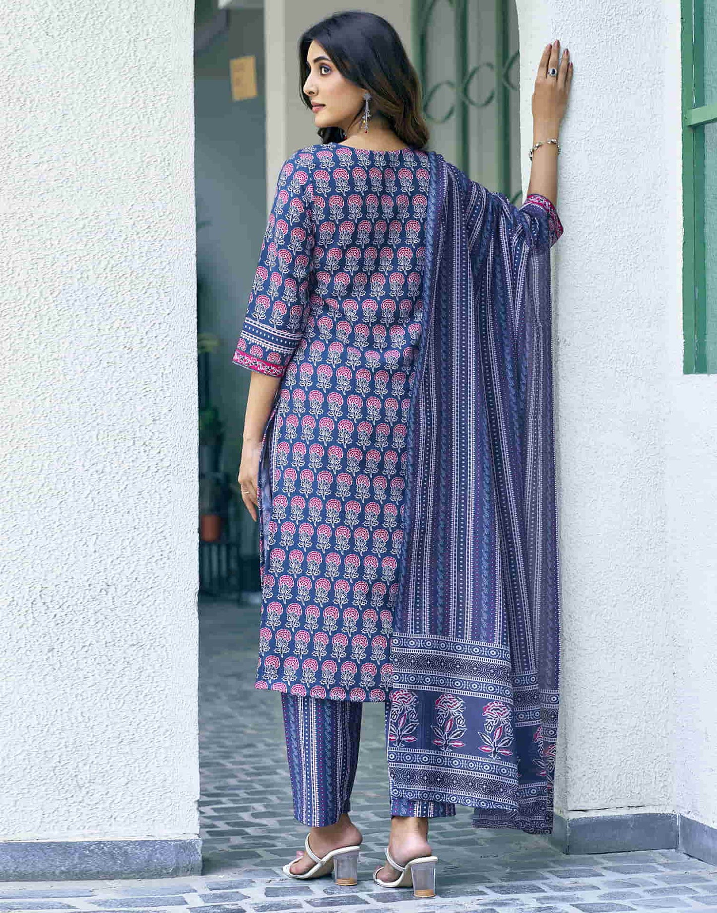 Dark Blue Printed Rayon Straight Kurta With Pant And Dupatta