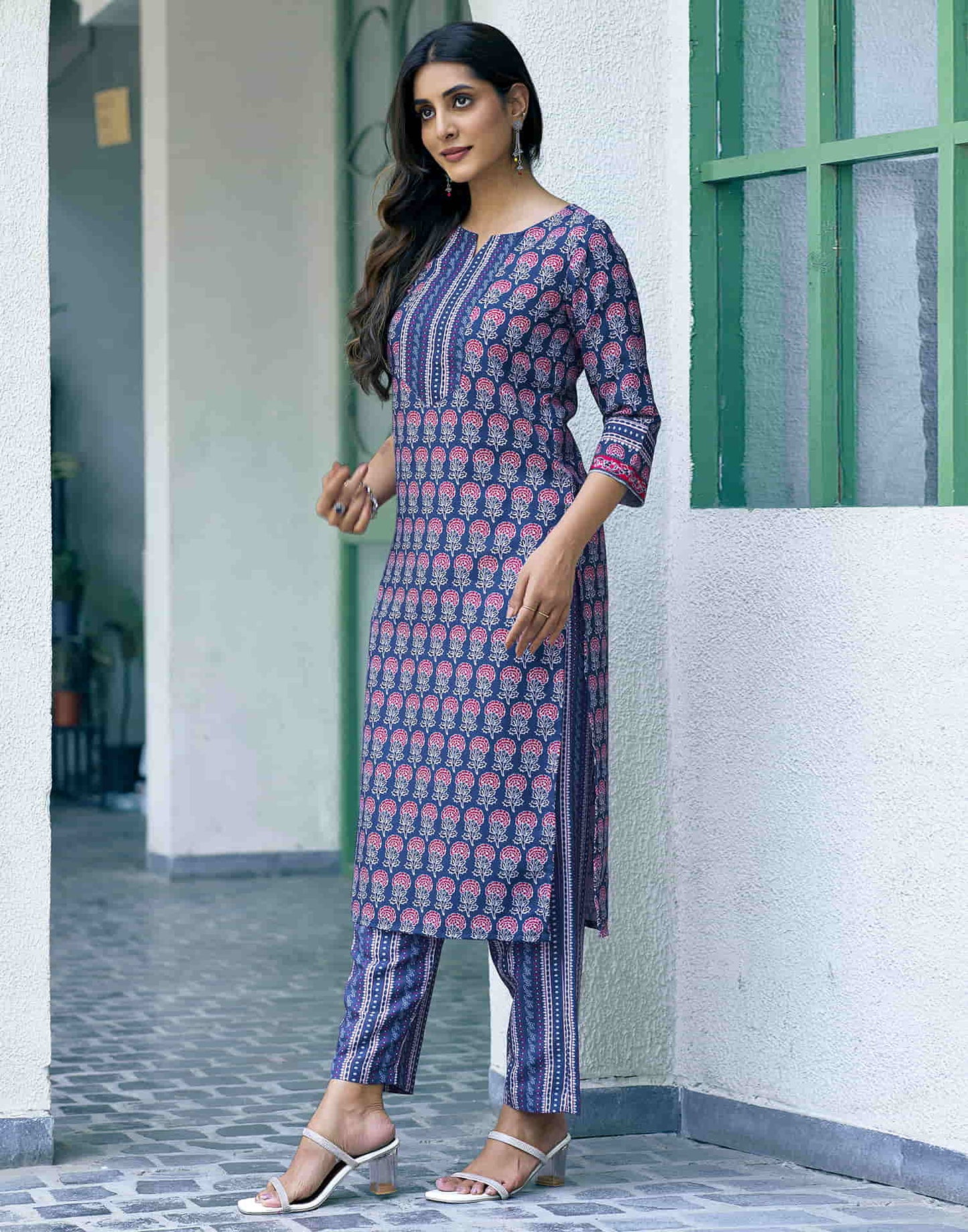 Dark Blue Printed Rayon Straight Kurta With Pant And Dupatta