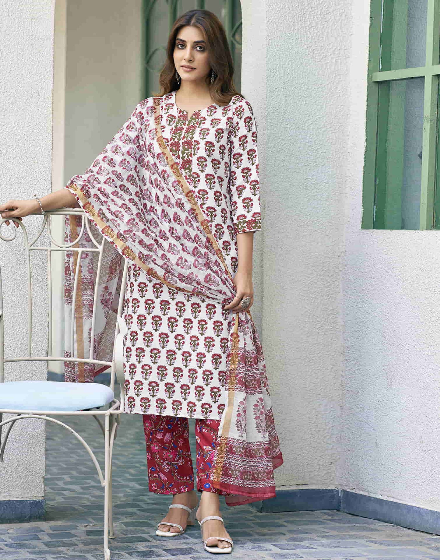 White Printed Rayon Straight Kurta With Pant And Dupatta