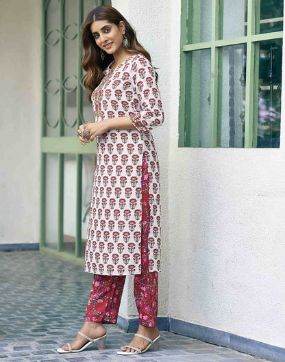 White Printed Rayon Straight Kurta With Pant And Dupatta