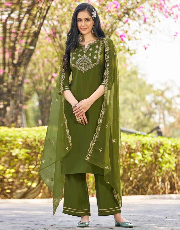 Green Silk Printed Kurta Set With Dupatta