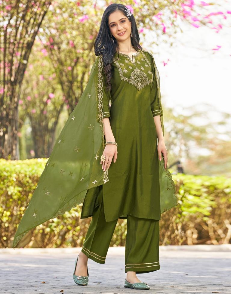 Green Silk Printed Kurta Set With Dupatta