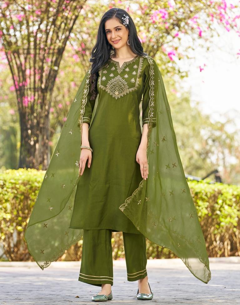 Green Silk Printed Kurta Set With Dupatta