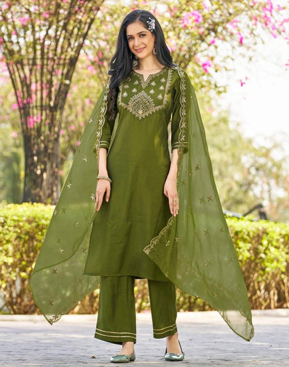 Green Silk Printed Kurta Set With Dupatta