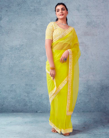 Ready to Wear Neon Yellow Organza Plain Saree