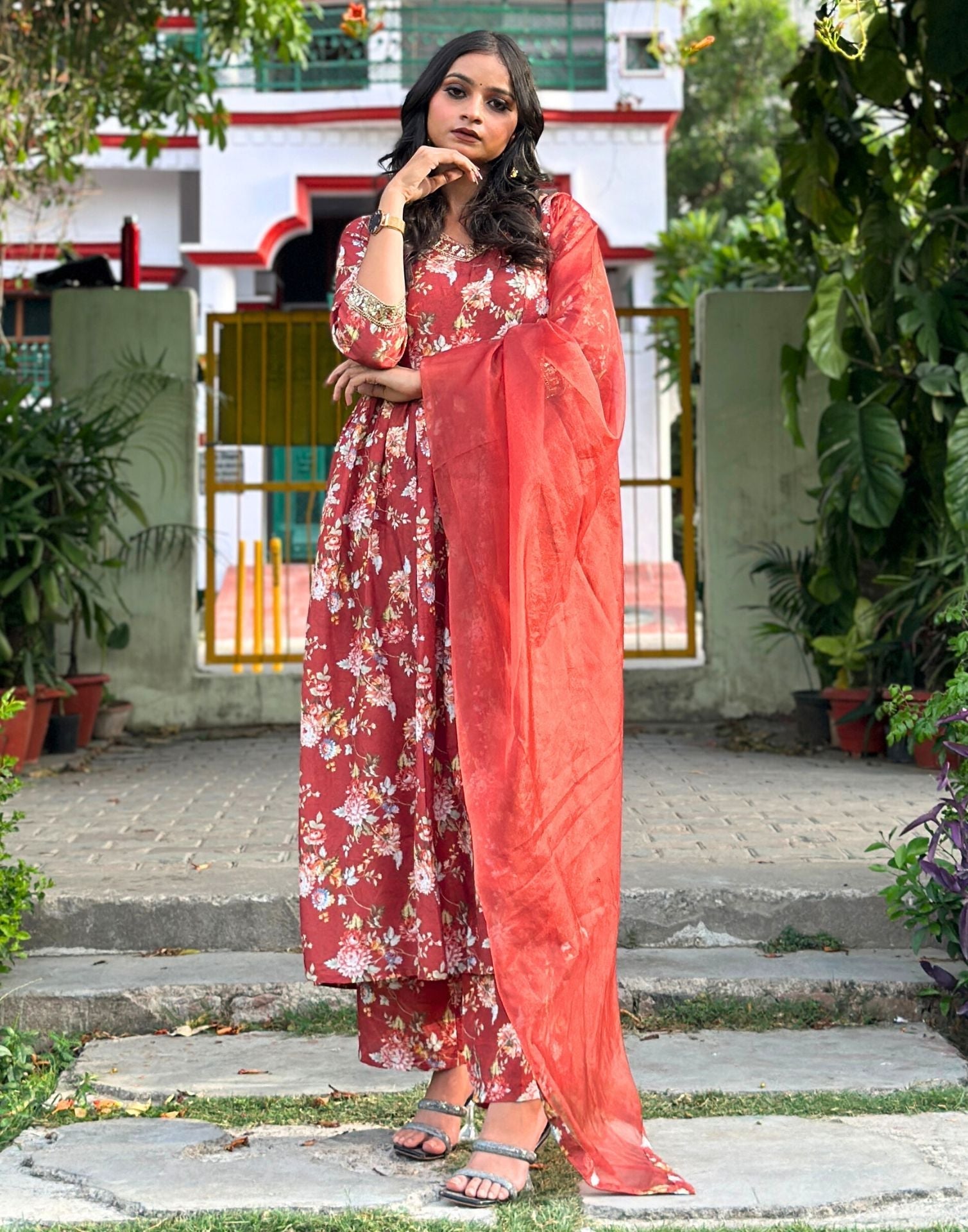 Brown Printed Kurti With Pant And Dupatta | Leemboodi