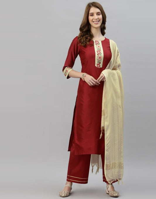 Maroon Kurti With Pant And Dupatta | Leemboodi