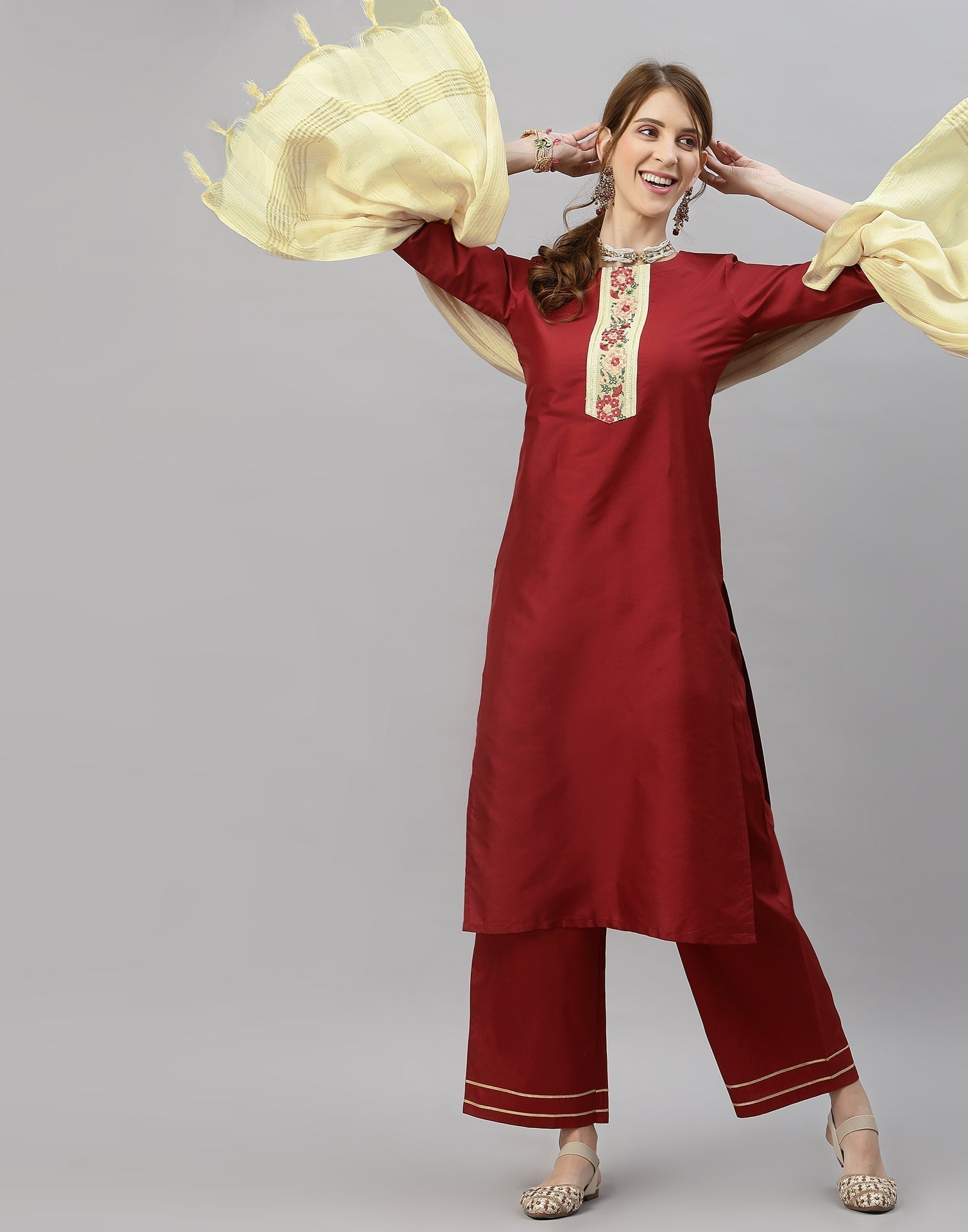 Maroon Kurti With Pant And Dupatta | Leemboodi