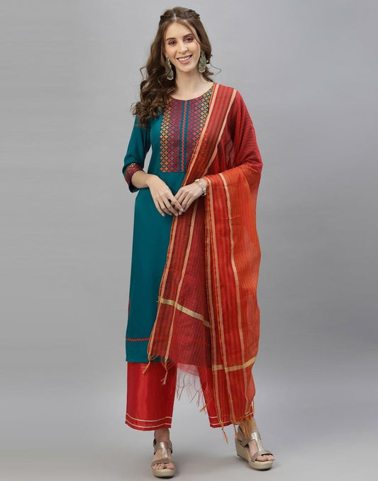 Teal Kurti With Pant And Dupatta | Leemboodi