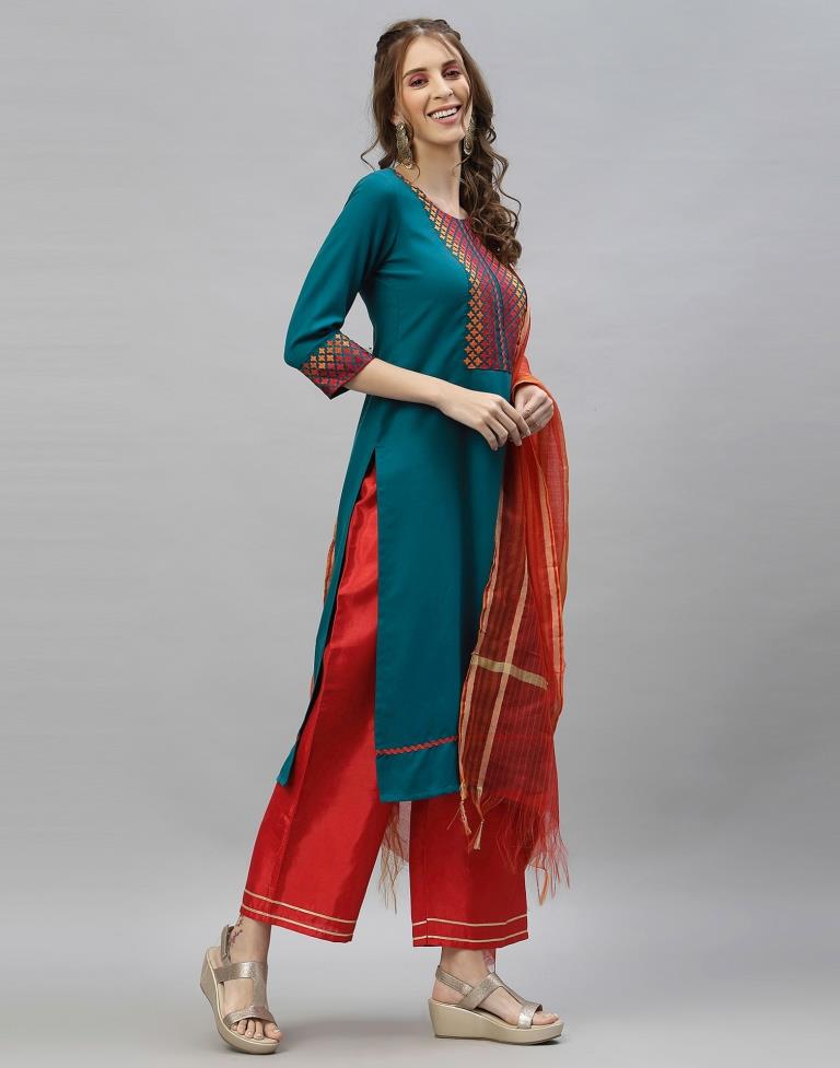 Teal Kurti With Pant And Dupatta | Leemboodi