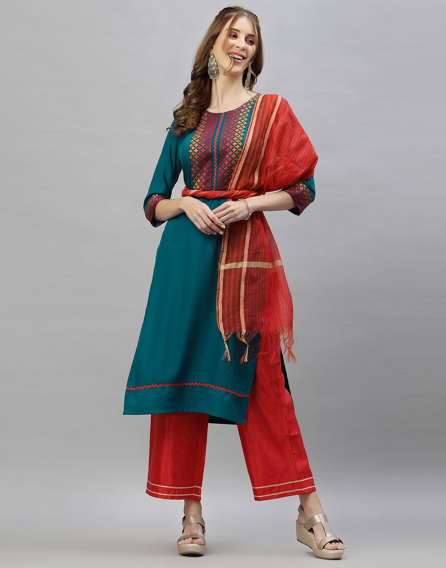 Teal Kurti With Pant And Dupatta | Leemboodi