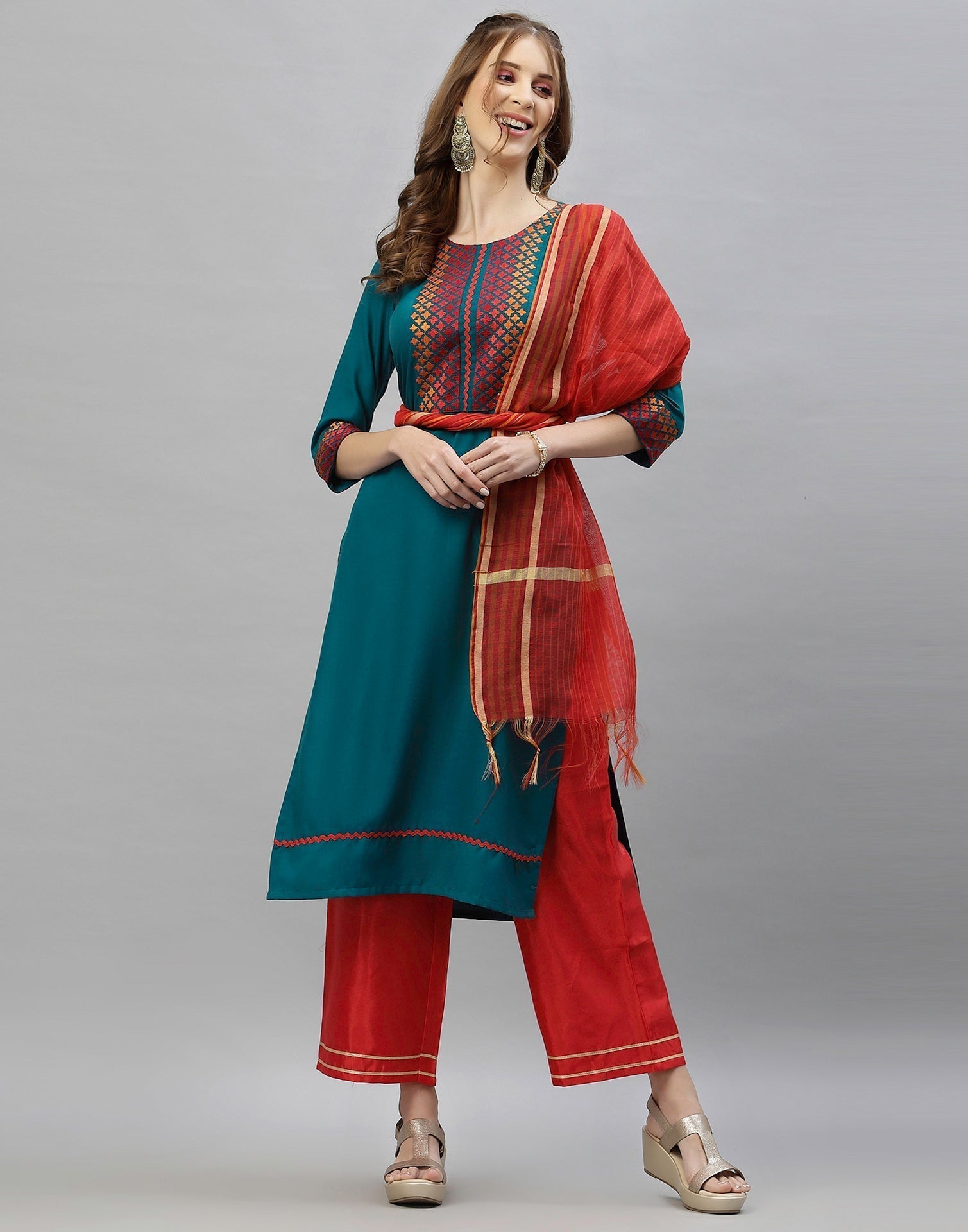 Teal Kurti With Pant And Dupatta | Leemboodi