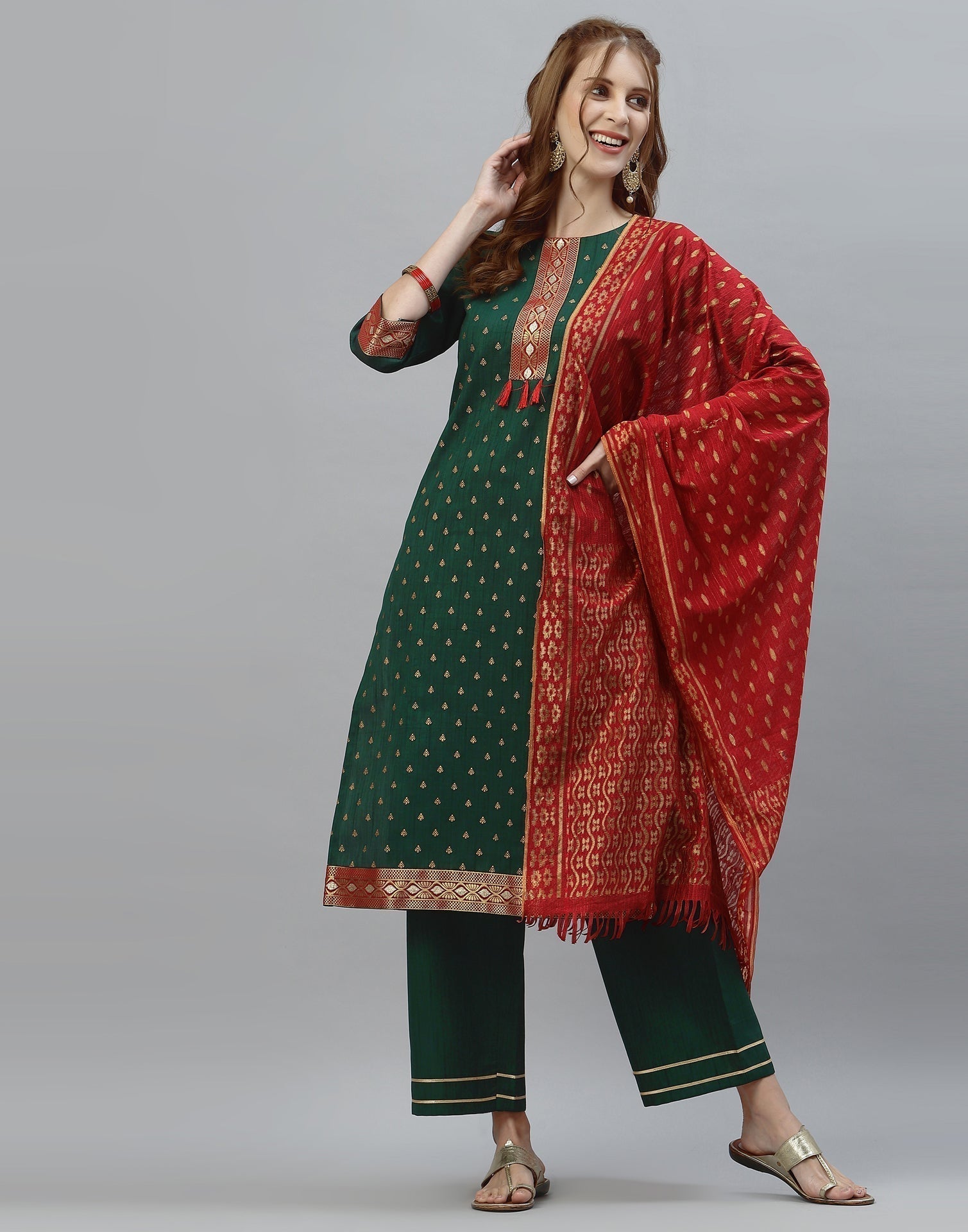 Bottle Green Kurti with Pant And Dupatta | Leemboodi