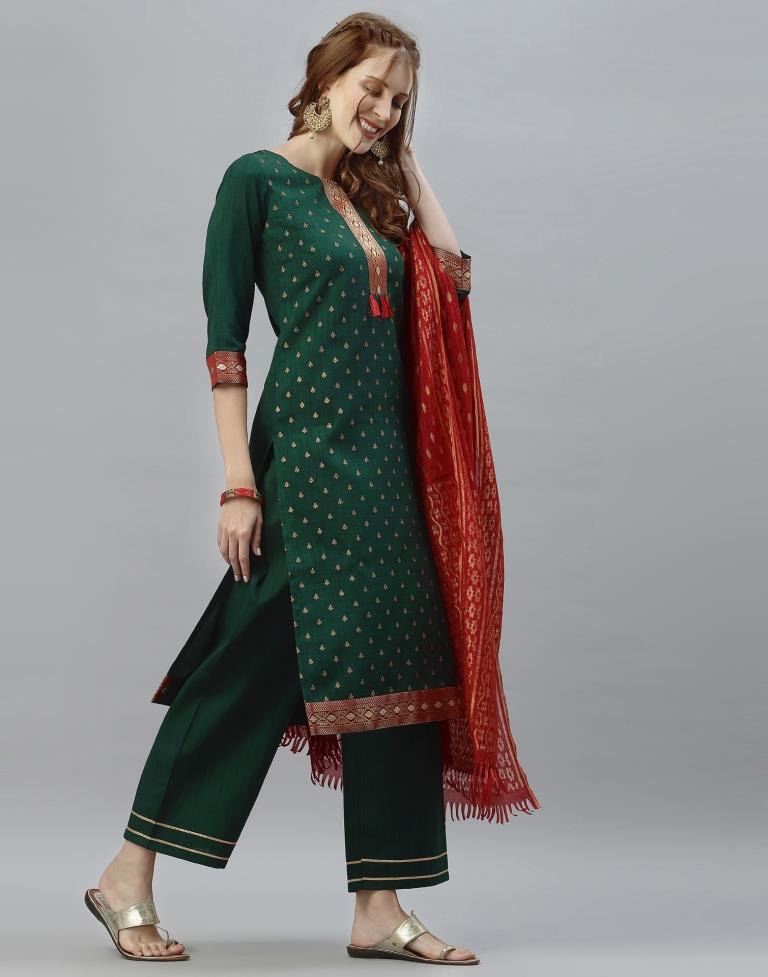 Bottle Green Kurti with Pant And Dupatta | Leemboodi
