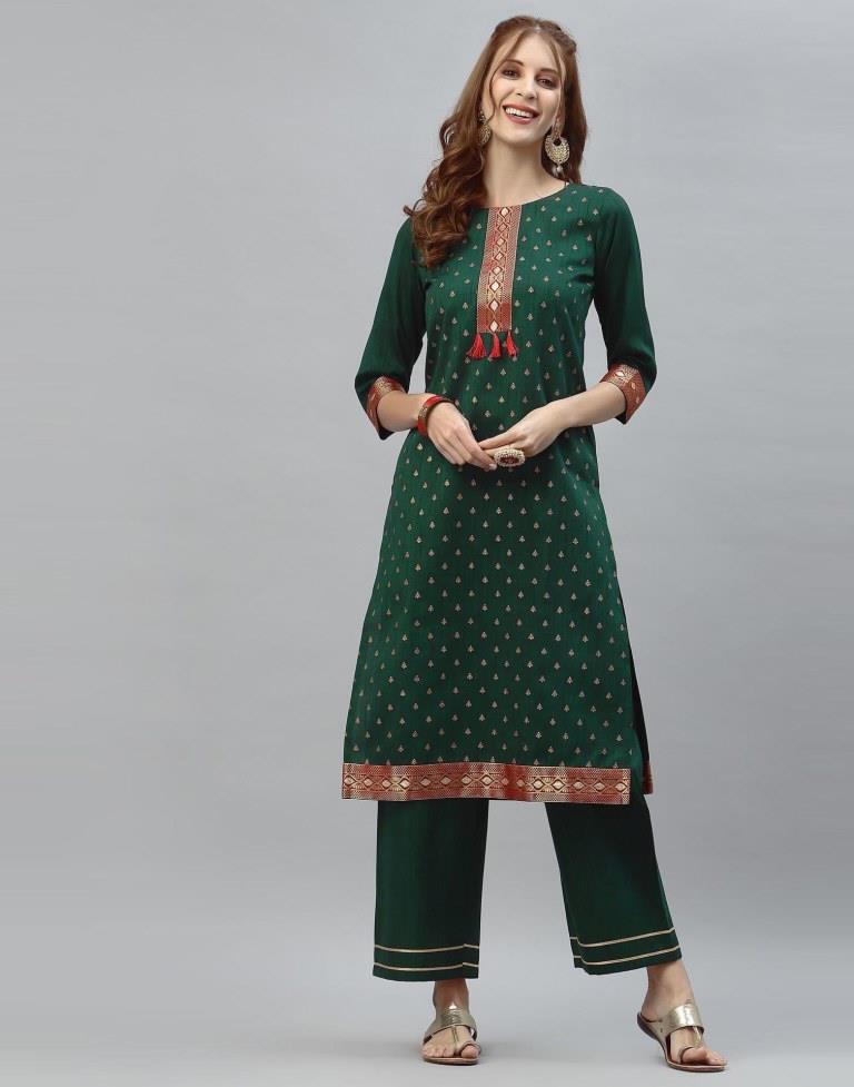 Bottle Green Kurti with Pant And Dupatta | Leemboodi