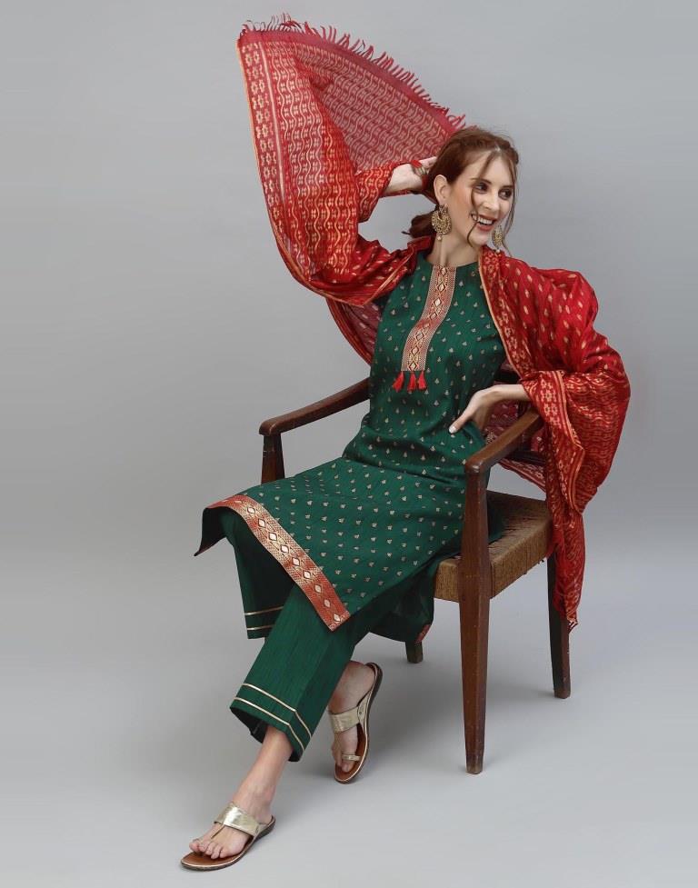 Bottle Green Kurti with Pant And Dupatta | Leemboodi