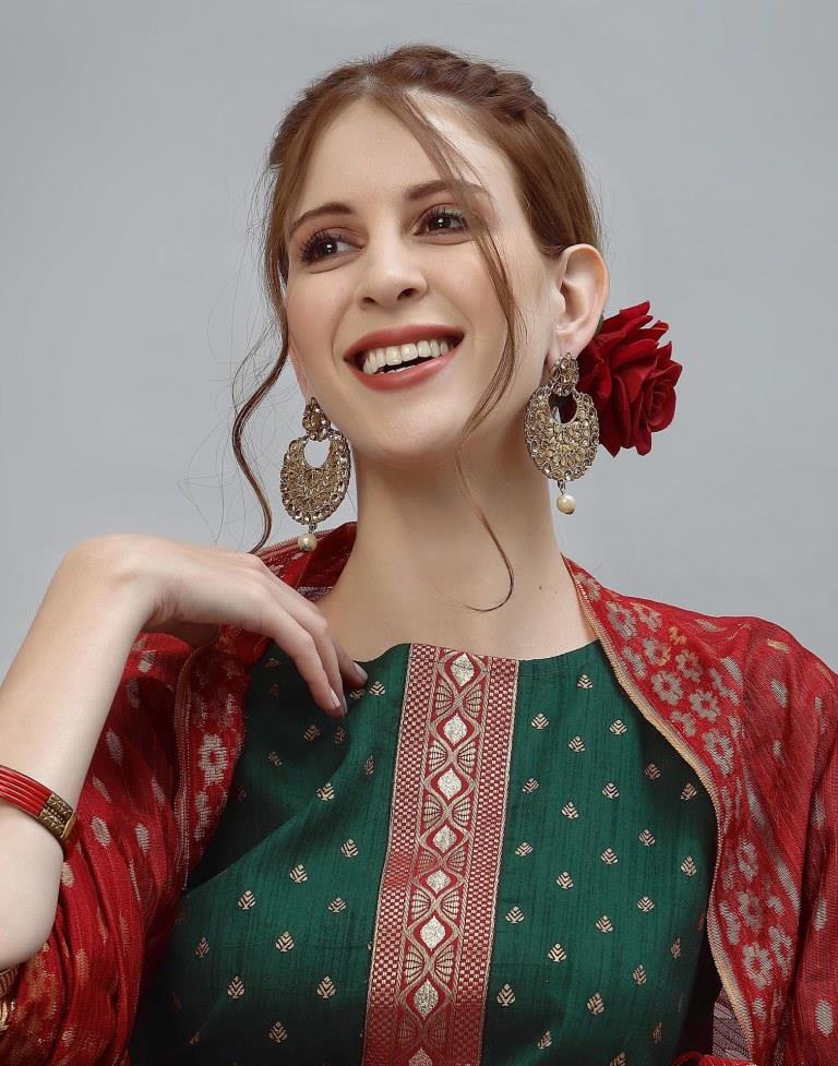 Bottle Green Kurti with Pant And Dupatta | Leemboodi