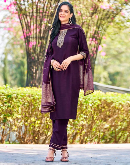 Deep Purple Silk Embroidery Straight Kurta Set