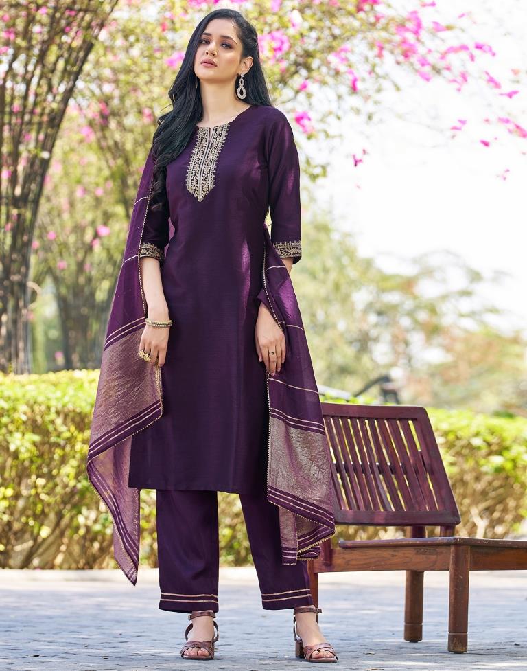 Deep Purple Silk Embroidery Straight Kurta Set