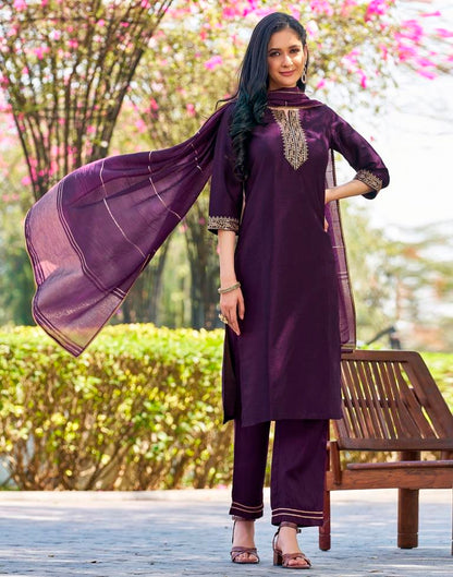 Deep Purple Silk Embroidery Straight Kurta Set