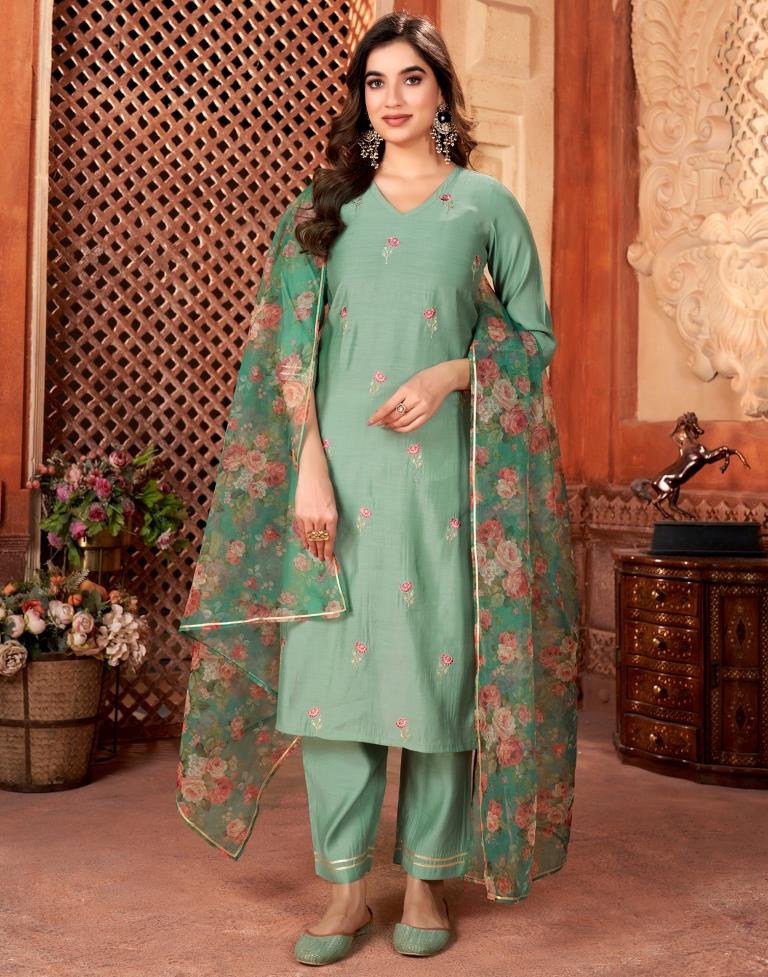 Teal Green Cotton Embroidery Straight Kurta Set