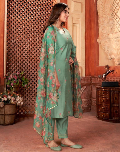 Teal Green Cotton Embroidery Straight Kurta Set