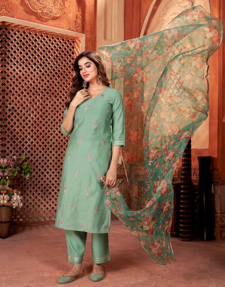 Teal Green Cotton Embroidery Straight Kurta Set