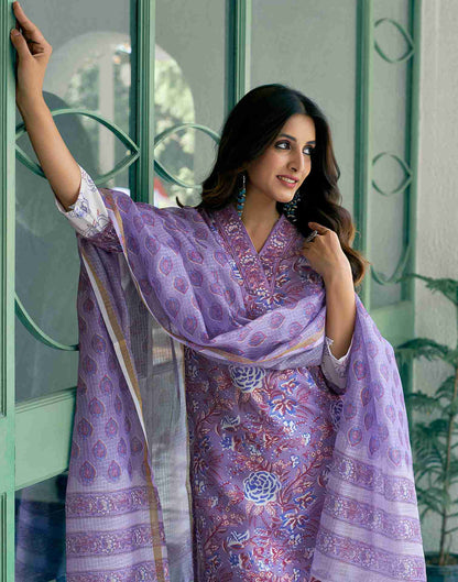 Lavender Rayon Printed Kurta Set With Dupatta