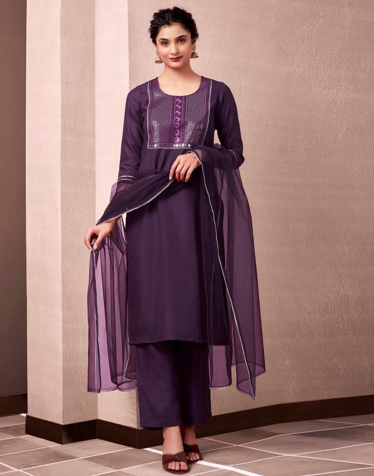 Wine Cotton Embroidery Straight Kurta Set