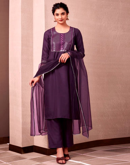 Wine Cotton Embroidery Straight Kurta Set