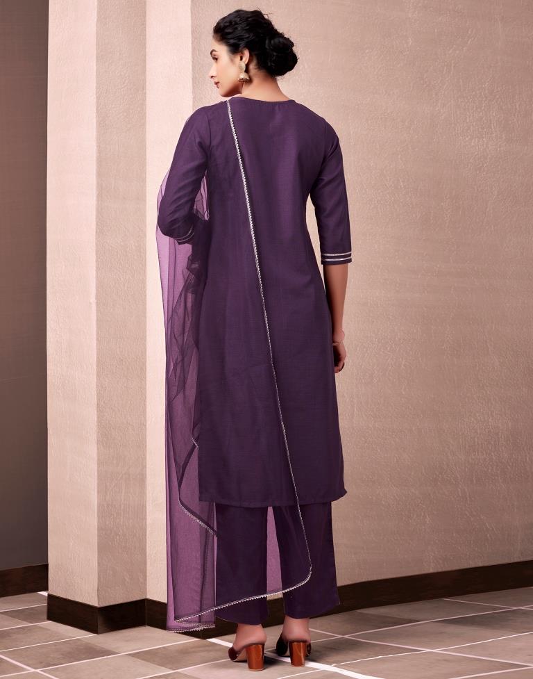 Wine Cotton Embroidery Straight Kurta Set