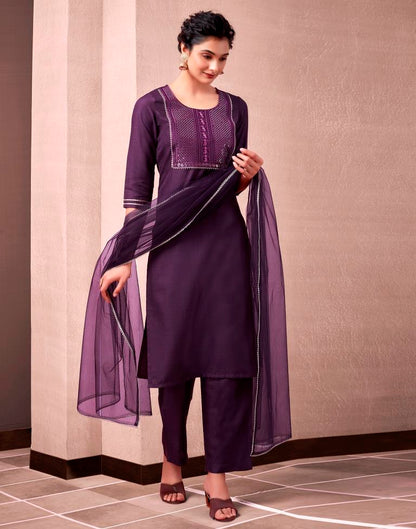 Wine Cotton Embroidery Straight Kurta Set