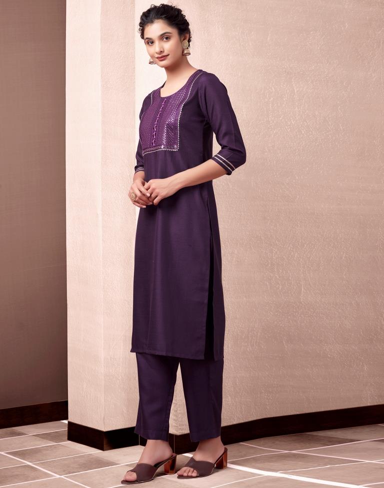 Wine Cotton Embroidery Straight Kurta Set