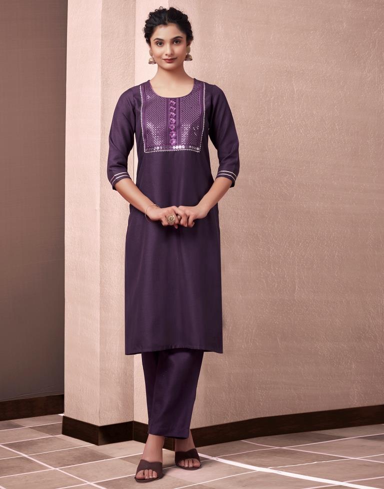 Wine Cotton Embroidery Straight Kurta Set