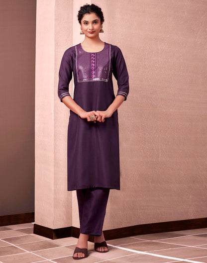 Wine Cotton Embroidery Straight Kurta Set