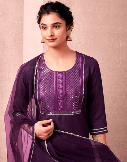 Wine Cotton Embroidery Straight Kurta Set