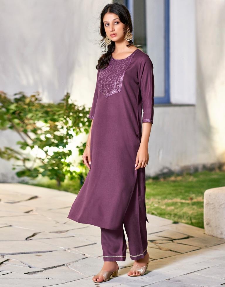 Dusty Magenta Cotton Embroidery Straight Kurta Set