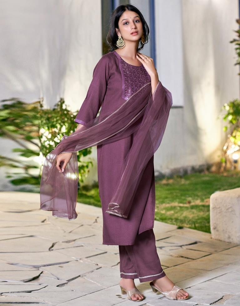 Dusty Magenta Cotton Embroidery Straight Kurta Set