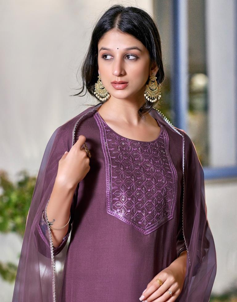 Dusty Magenta Cotton Embroidery Straight Kurta Set