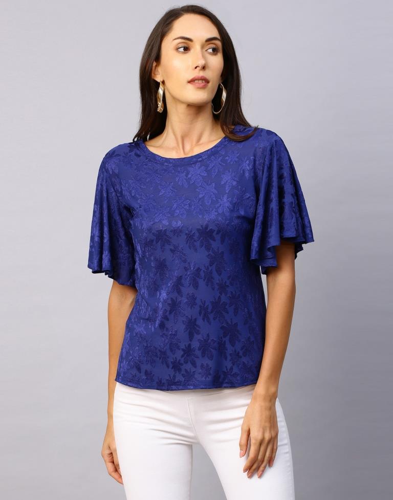 Voguish Navy Blue Coloured Terry Jacquard Lycra Tops | Sudathi