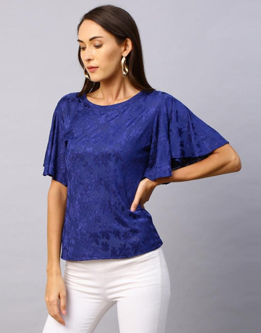 Voguish Navy Blue Coloured Terry Jacquard Lycra Tops | Sudathi