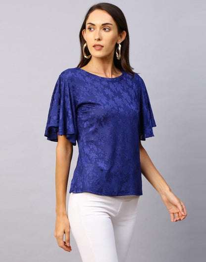 Voguish Navy Blue Coloured Terry Jacquard Lycra Tops | Sudathi