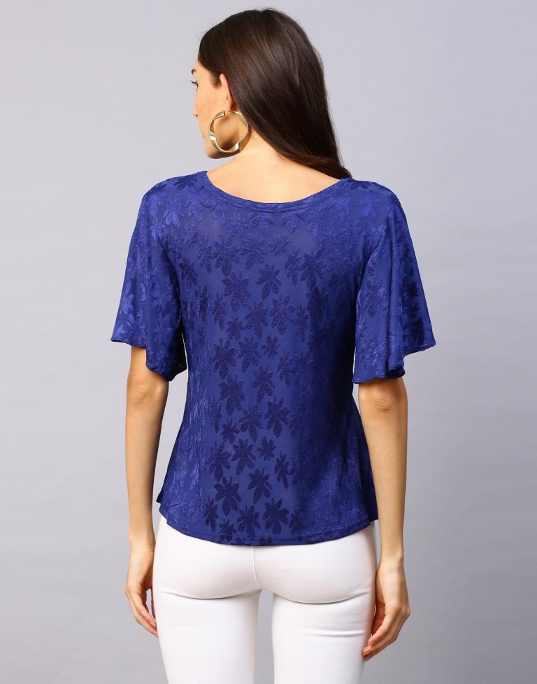 Voguish Navy Blue Coloured Terry Jacquard Lycra Tops | Sudathi