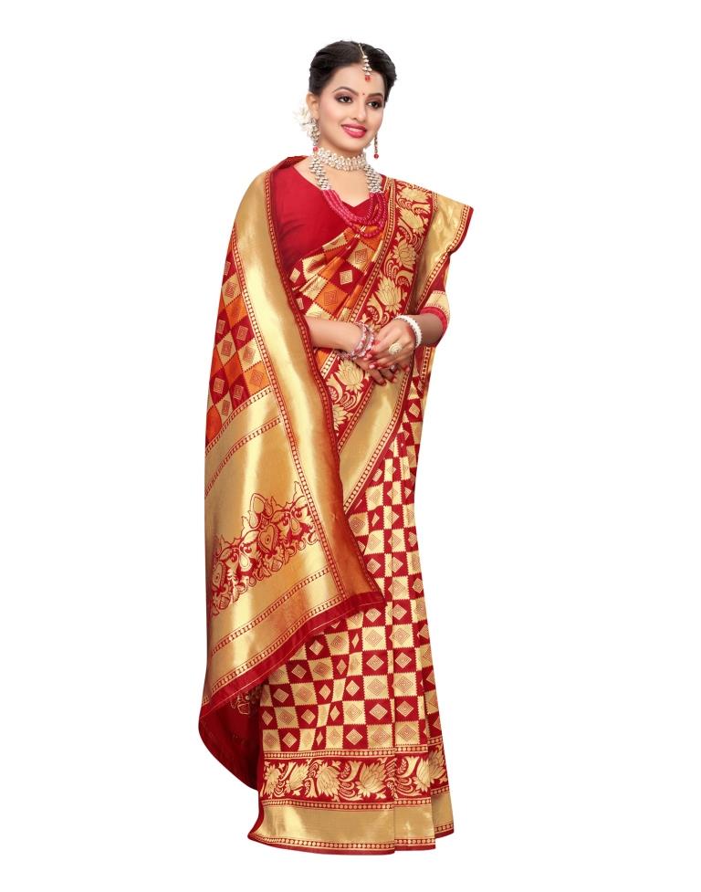 Red Coloured Poly Silk Jacquard Partywear saree | Sudathi