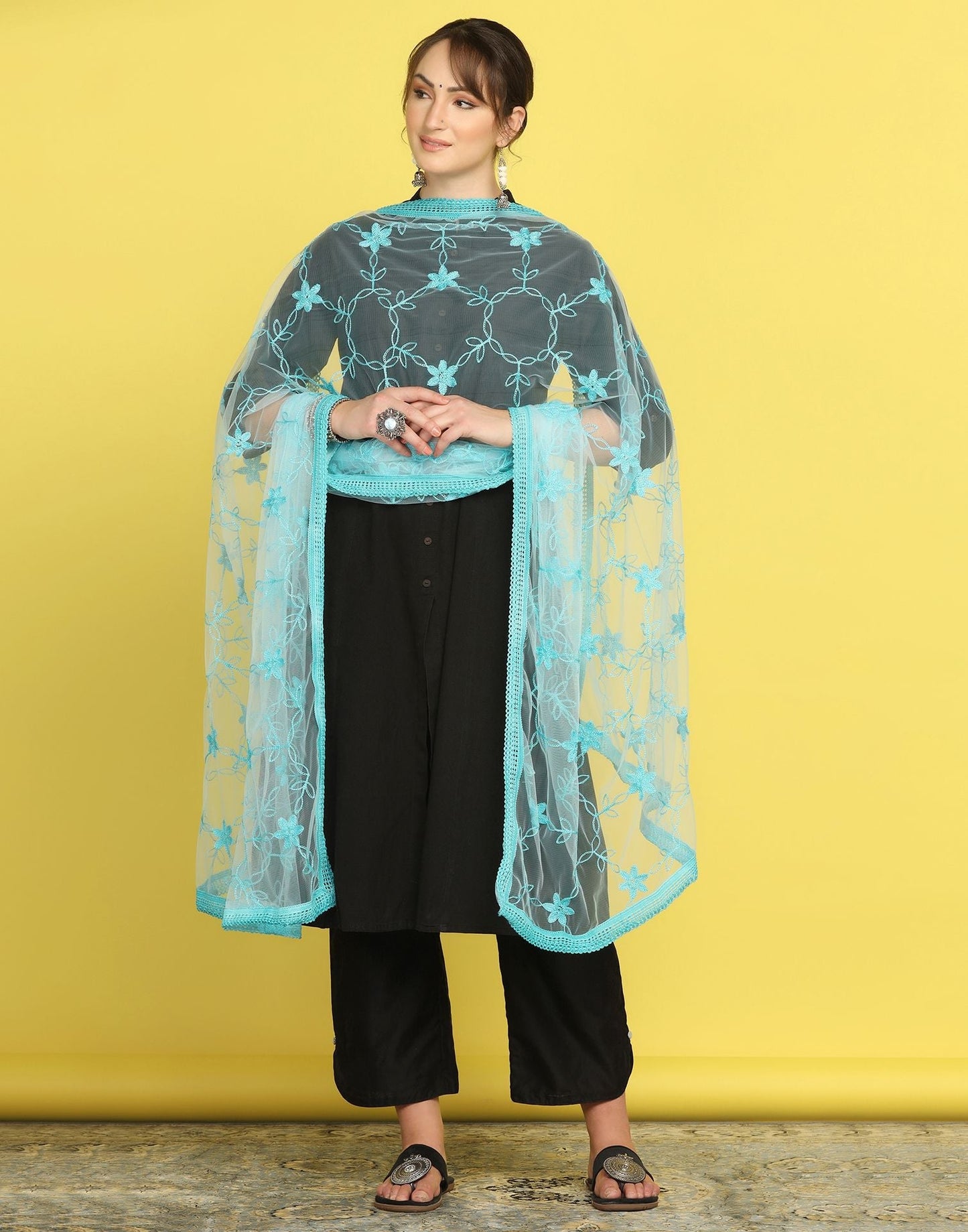 Sky Blue Net Embroidery Dupatta | Leemboodi