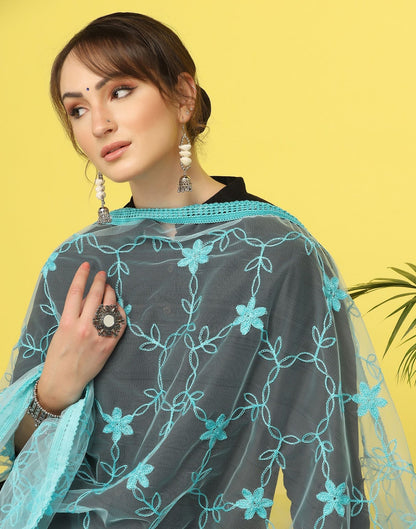 Sky Blue Net Embroidery Dupatta | Leemboodi