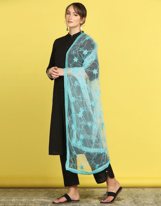 Sky Blue Net Embroidery Dupatta | Leemboodi